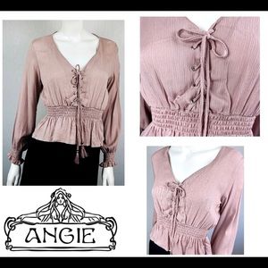 NWT Lace Up Corset Style Smocked Boho Hippie Flower Child Crop Peasant Top